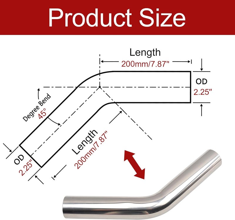 BIGREAT OD 2.25'' Inch (57MM) 45 Degree Bend Elbow Stainless Steel Turbocharger Pipe Tube Intercooler Pipe High Class Brushed Treatment Air Intake Tube Pipe Polished Universal-2PCS - Image 2